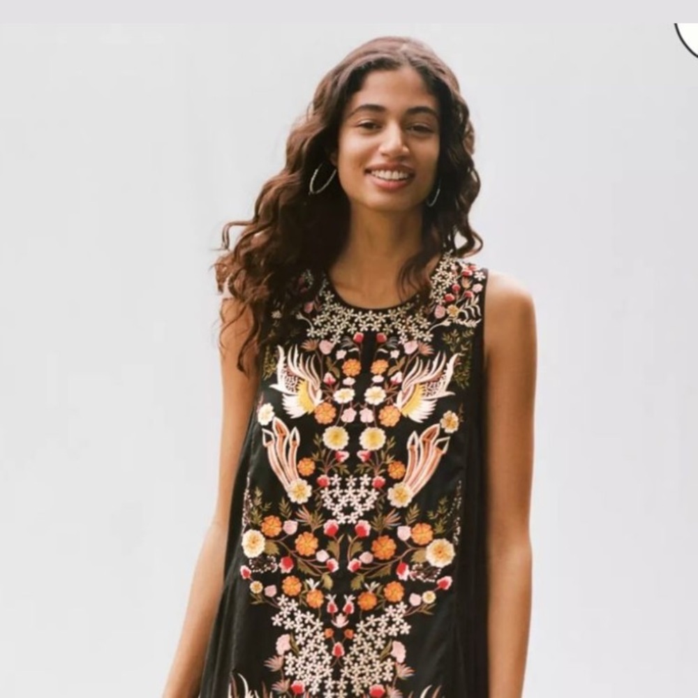 Anthropologie Samant Chauhan Black Midi embroidered dress  10